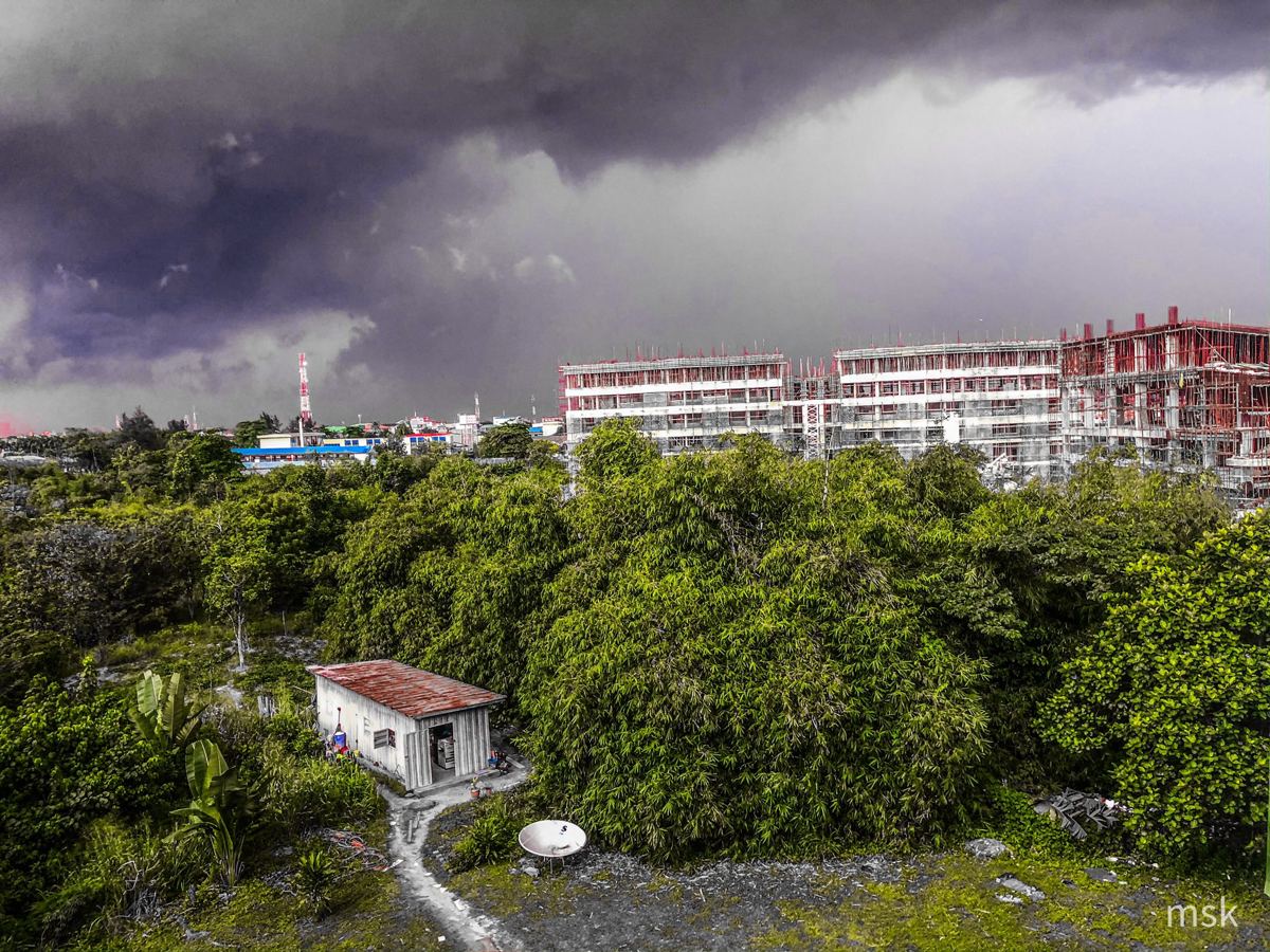 Storm clouds over green bush and a building under construction
